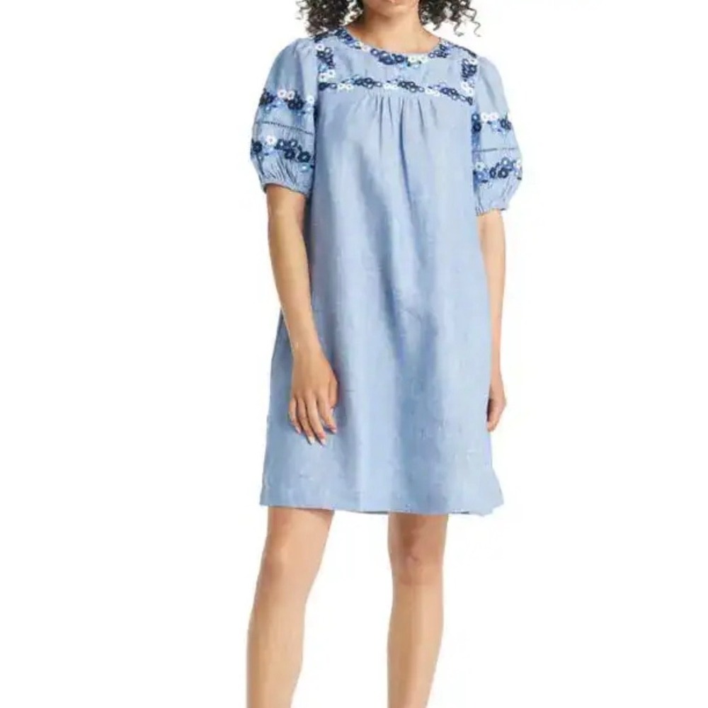 Boden Blue Linen Embroidered Puff Sleeve Shift Dress US 20/22L UK 22L